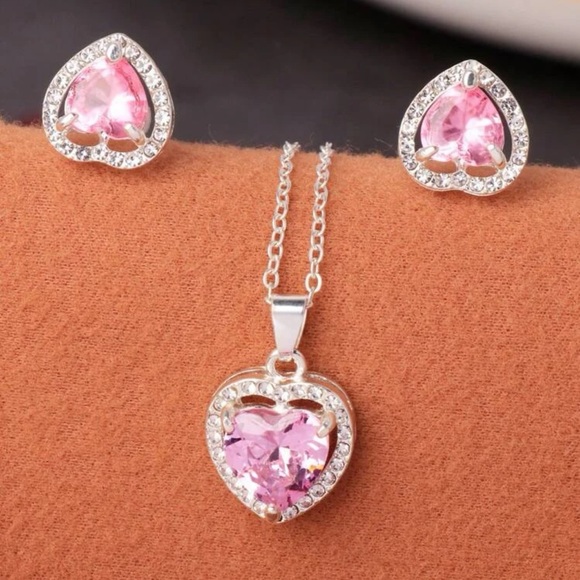Pink Cubic Zirconia Heart 3 Piece Jewelry Set Pendant Silver Necklace Earrings - Picture 1 of 14